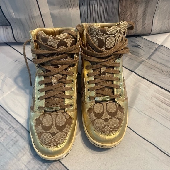 Coach Norra Gold Leather High Tops Sneakers Signature Print A1431 Size 9 - Picture 7 of 10